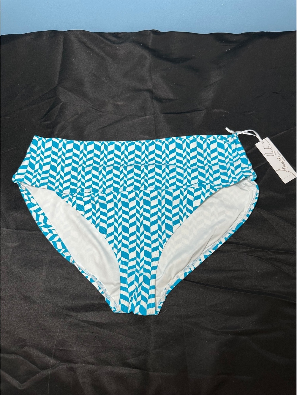 Anne Cole Women's Blue and White Geometric High Waist Bikini Bottom, Size XL